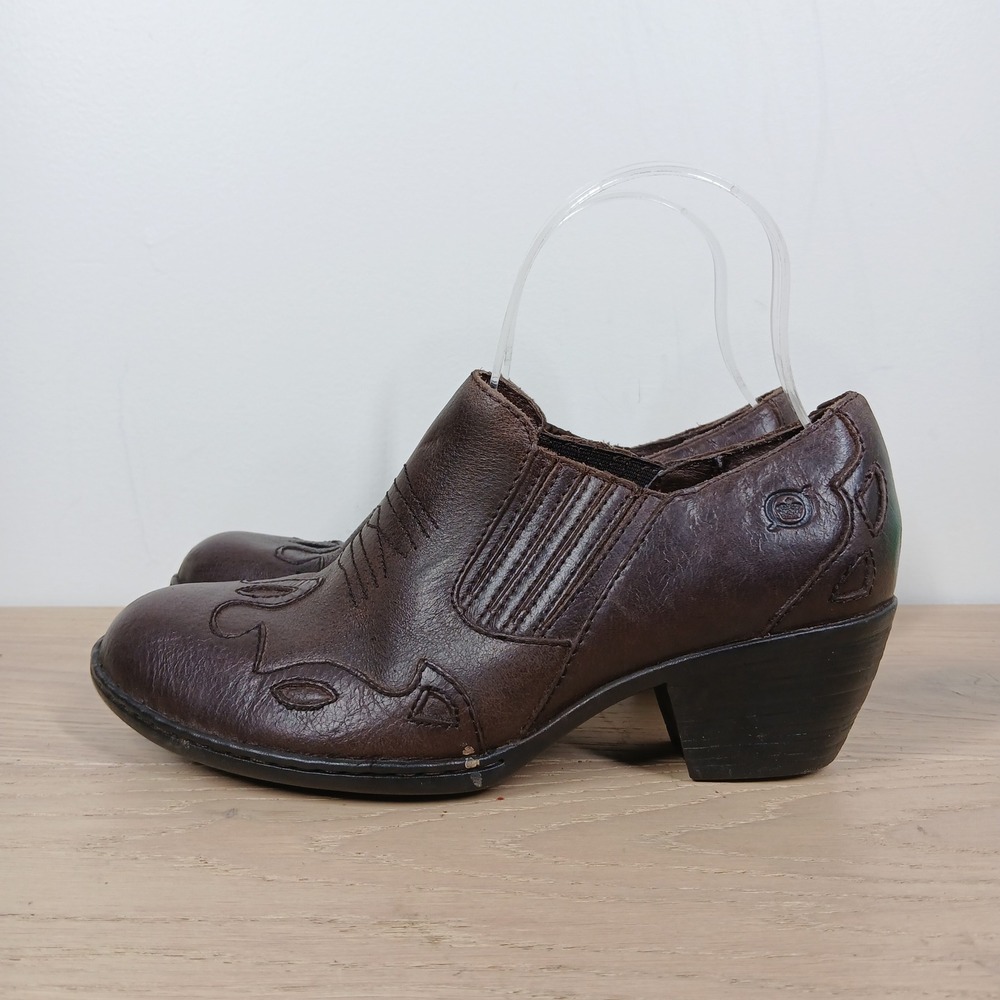 Børn Ankle Boots Womens 7 Brown Leather Western Block Heel Slip On Booties